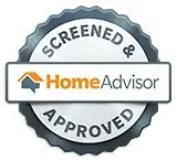 A round seal with the text 'Screened & Home Advisor Approved'.
