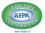 A green and white circular seal with the text 'LEAD-SAFE EPA CERTIFIED FIRM' and the date 'MAT-18-2021'.